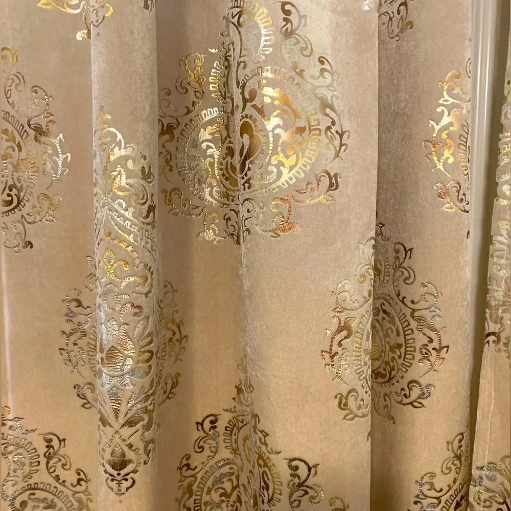 Home Maison 4 velvet long drapes beige w/foiled gold medallion print 95”X38”